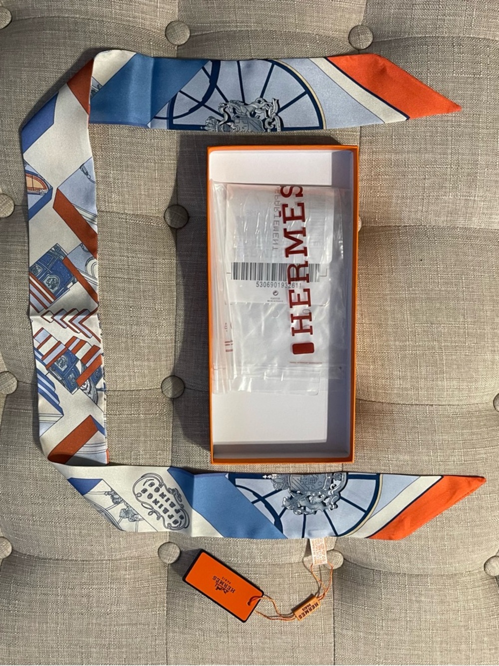 Hermes Blue, White & Orange Silk Twilly Scarf - Picture 2 of 5